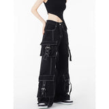 Tineit Black Cargo Pants High Waisted Women's Pants Vintage Straight Oversized Y2K Style Fashion 2023 Winter Wide Leg Trouser