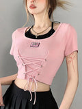 Tineit Fake Two Pieces T-shirt Women Summer Short Sleeve Lace-up Pink Sweet Kawaii Crop Top Ladies Korean Fashion Skinny Slim Y2k Tops