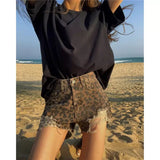 Tineit Women's Ripped Leopard Print Shorts Fashion Streetwear High Waist Tassel Mini Cowboy Shorts Jeans 2000s Y2k Summer Clothes 2024