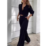 Tineit Women Tracksuit Two Pieces Set Long Sleeve V Neck Pullover Solid Color Wide Leg Pants Zipper Fly Button Office Lady Outfits 2024