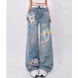 Tineit Blue Jeans Women Graffiti High Waist American Wide Leg Pants Y2K Style Fashion Streetwear Female Pants Winter Straight Trousers