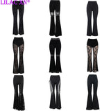 Tineit Y2K Gothic Black Lace Mesh Flared Pants Sexy Harajuku Aesthetic See Through Long Trousers Vintage Women Summer Pants Streetwear