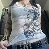 Tineit Graphic Tie Dye V Neck Crop Tops Y2K E-girl Gothic Grunge Skull Print Tshirt 2000s Retro Emo Short Sleeve Slim Fit Tees Clothes