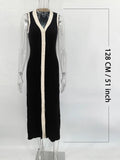 Tineit V Neck Sleeveless Single Breasted Ribbed Knitted Dress Women Bodycon Long Dress Contrast Color Cardigan Sexy Summer Dress