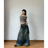 Tineit Women Denim Skirt Y2k Emo 2000s Clothes Long Skirt Harajuku Korean 90s Fashion Vintage Gradient A-line Jean Skirt Grunge Clothes