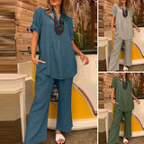 Tineit Summer Women Two Piece Sets Shirt V Neck Buttons Solid Colour Blouses Wide Leg Straight Pants Suit 2024 Casual Loose Ensemble