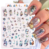 Tineit Spring Holographic Leaves Nail Manicure Stickers 3D Laser Flowers Butterfly Geometry Adhesive Sliders Gel Polish Decor Foils LYL