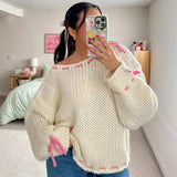 Tineit Contrast Color Knitted Pullover Sweater Top For Women Drawstring Loose Long Sleeve Splice Autumn Winter Fashion Sweater