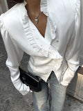 Black Friday Tineit Retro Fungus Long Sleeve Button Women's Shirt Fashion White Satin Patchwork Cardigan Top Female Autumn Casual Slim Shirt