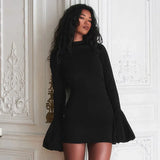 Black Friday Tineit Fashion Pull Sleeve Black Mini Dress Female High Waist Elegant Long Sleeve Dresses Club Party Bodycon Women's Clothing