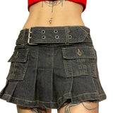 Tineit-Women's Spring Summer Y2K Aesthetics Low Waist Mini Denim Skirt Solid Color Pleated Multi-pocket Skirt with Belt 2000s Club Wear