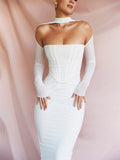 Tineit White Long Sleeve Mesh Corset Cocktail Midi Dress