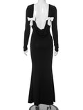 Black Friday Tineit Elegant Backless Bows Maxi Dress Female Chic Bodycon Long Sleeve Club Party Outfits Fashion Black Dresses Vestido Ladies