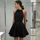 Black Friday Tineit Sexy Halter Neck Hollow Dress For Women Black High Waist Sleeveless Mini Dress Female A-Line Niche Fashion  Party Dresses