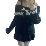 Tineit 2024 Fall Fashion Pretty Cute Outfits Harajuku Cosplay Sweater Kawaii Lace Trim Off Shoulder Pullovers Y2K Aesthetic Vintage Long Sleeve Jumpers