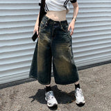 Tineit Vintage Baggy Y2K Jorts Women Streetwear Wide Leg Knee Length Jeans Harajuku Casual Oversize Washed Denim Shorts Summer