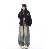 Tineit Women Blue Jeans Cargo Pants Streetwear High Waist American Wide Leg Pants Fashion Y2K Style Female Winter Straight Trousers