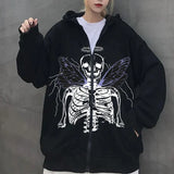 Tineit Y2K Aesthetic Zip Up Sweatshirts E-girl Gothic Grunge Emo Skeletons Wings Print Oversized Hoodies Autumn Long Sleeve Coat Top