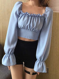 Tineit Sexy Backless Crop Top Women Spring Summer Slash Neck Bandage Shirts Ladies Korean Style Sweet Elegant Retro Puff Sleeve Blouses