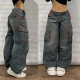 Tineit Y2K Baggy Jeans Womens New Multi-pocket Washed Vintage Jeans Harajuku Oversized Denim Pants High Waist Wide Leg Pants Trousers