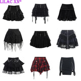 Tineit Goth Black Lace A-Line Mini Skirts for Women Y2K Vintage Bandage Lolita Summer Skirt Gothic Faldas Clothes 90s Streetwear