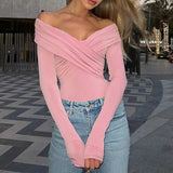 Tineit Eleagnt Lady Chic Women T-Shirt Sexy Off Shoulder Crop Tops Autumn Spring Slim Fit Long Sleeves Front Cross V-Neck Tight Tees