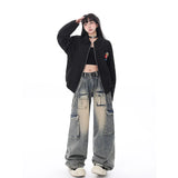 Tineit Women Blue Jeans Cargo Pants Streetwear High Waist American Wide Leg Pants Fashion Y2K Style Female Winter Straight Trousers