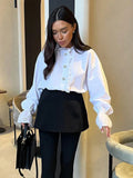 Black Friday Tineit Retro Diamond Ruffled Shirt For Women Stand Color White Top Casual Fashion Flare Long Sleeve Single Breasted Lady Blouses