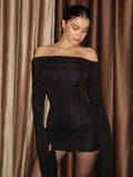 Black Friday Tineit One-Shoulder Ruched Sexy Dress For Women Long Sleeve Slim Mini Dress Hip Wrap Solid High Waist Clothes Fashion Streetwear