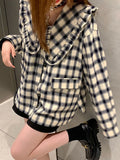 Tineit Plaid Shirt Women Kawaii Long Sleeve Top Ladies Peter Pan Collar Blouse Girls Preppy Style Casual Loose Single Breasted Ropa