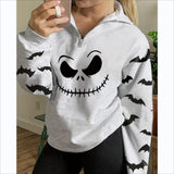 Tineit Joskka Halloween Smiling Face Bat Print Women Sweatshirt Zipper Lapel Top Autumn Long Sleeve Fashion Casual Halloween Sweatshirt