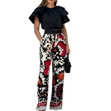 Tineit Two Pieces Pant Sets Print Pullover Tops Wide Leg Pants Loose Casual Women Matching Sets Ruffles 2024 Pockets Ankle Length