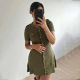 Black Friday Tineit Metal Button Knitted Short Sleeve Dress Women's Retro Elegant Mini Sweater Dresses Solid Color Club Party Vestido Female