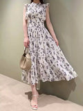 Tineit  Japanese Pleated Vestidos Sweet Printed Dresses Flying Sleeve Dress High Waist Vestido Mujer Women 2025 Summer New Robes