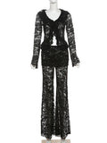 Black Friday Tineit Women's Lace Long Pant Sets Sexy See Through Slim Cardigan Top High Waist Trousers Female Fashion Matching Sets Autumn