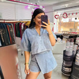 Tineit Two Piece Sets Women Cowboy Outfits Casual Shirt Polo Neck Pockets Spliced Shorts Skirt Irregular Suits Summer Female Ensemble