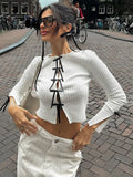 Tineit Bows Cutout Long Sleeved Cropped Top Female Fashion Thin Slim Knitted T-Shirt Pulover Sexy Hot Girl Party Club Top Autumn