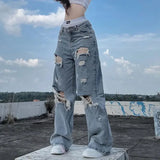 Tineit Streetwear Straight Pants Ladies Ripped Jeans Mid Waist Loose Wide Leg Pants Ladies Jeans Y2K Summer High Street  Cargo Pants