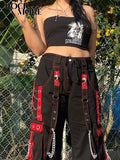 Tineit Women Cargo Pants with Chain Fashion Harem Pants Punk Pockets Jogger Baggy Trousers Hip Hop Low Waist Streetwear Grunge