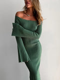 Tineit Knit Long Sleeve Slim Dress For Women Elegant One-Shoulder Sexy Long Gown Dresses Solid Rib Sweater Dress Autumn Winter