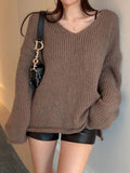 Tineit Brown V-neck Sweaters Autumn Retro Knitted Jumper Tops Y2K Harajuku Casual Women Basic Loose Pullover Korean Style 2024