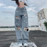 Tineit Streetwear Straight Pants Ladies Ripped Jeans Mid Waist Loose Wide Leg Pants Ladies Jeans Y2K Summer High Street  Cargo Pants