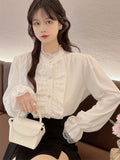 Tineit Autumn Long Sleeve Blouse Women Button Ruffles Shirts Female White Lace Tops Office Ladies Korean Fashion Top Blusas Para Mujer