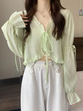 Tineit Sweet Ruffles Crop Top Women Summer Casual Long Sleeve Cardigan Female Korean Fashion Lace Up Candy Color Thin Sunscreen Tops