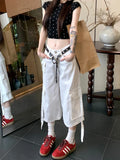 Tineit Y2k White Calf-Length Cargo Pants Women Baggy High Wasit Denim Shorts Safari Style Summer Korean Wide Leg Jeans Female