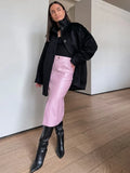 Black Friday Tineit Retro Leather Slit Skirt Fashion Office Woman Matte High Waisted With Zipper Midi Skirts Slim Lady Fall Winter Streetwear