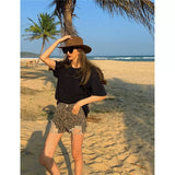 Tineit Women's Ripped Leopard Print Shorts Fashion Streetwear High Waist Tassel Mini Cowboy Shorts Jeans 2000s Y2k Summer Clothes 2024