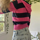 Tineit 90s Vintage Y2K Aesthetic Striped Cropped Sweater Autumn Zip Up Knitted Cardigans Hooded Women Long Sleeve Slim Fit Coats