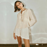 Black Friday Tineit Lace Up Cotton Linen Women's Long Sleeve Shirt Cut Out Solid Casual Cardigan Top Ruched Short Shirt Female Fall 2024 New