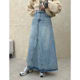 Tineit Summer Vintage Blue Women Denim Skirt Streetwear American Style Casual High Waist Ladies Slit Jean Medium and Long A-line Skirt